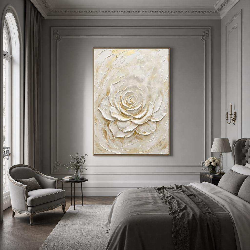 White and Gold Textured Rose Vertical Wall Art for Bedroom or Living Room