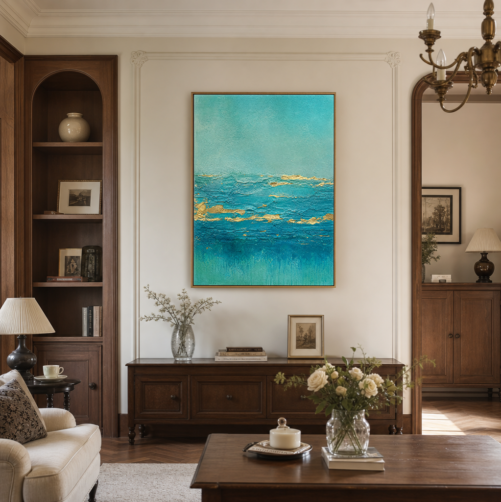 Teal Turquoise Gold Abstract Textured Acrylic Style Vertical Wall Art for Living Room