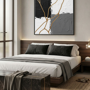 Black White Grey Gold Abstract Textured Impasto Wall Art Bold Contrast Thick Knife Brush Marks Modern Minimalist Painting Contemporary Home Office Living Room Bedroom Hallway Dining Room Decor