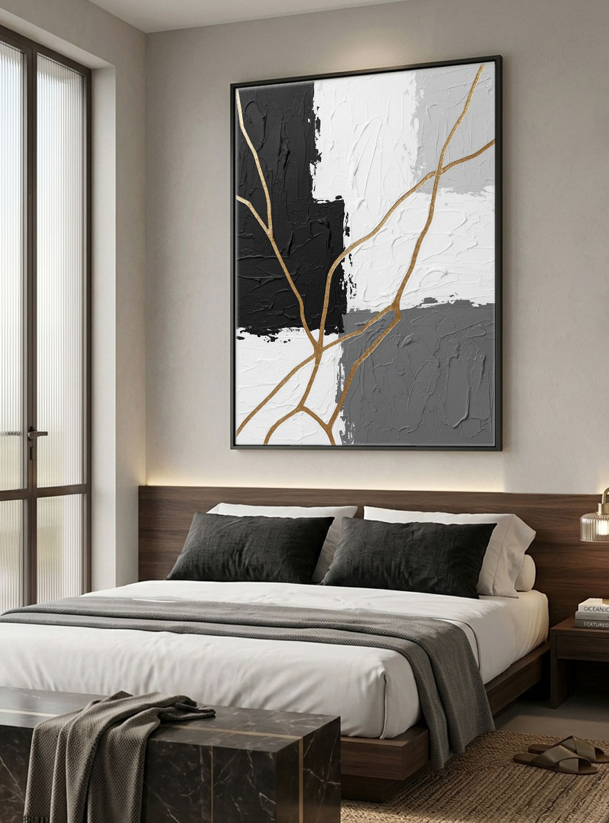 Black White Grey Gold Abstract Textured Impasto Wall Art Bold Contrast Thick Knife Brush Marks Modern Minimalist Painting Contemporary Home Office Living Room Bedroom Hallway Dining Room Decor