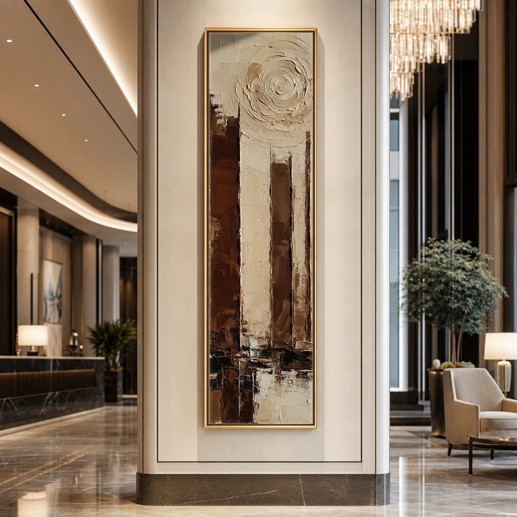 Tall Narrow Abstract Urban Landscape Impasto Wall Art Textured Brown Beige Black White Vertical Framed Artwork for Modern Living Room Office Hallway Bedroom Dining Room
