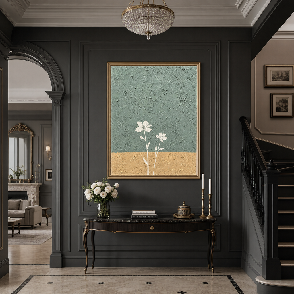 Minimalist Textured Vertical Wall Art Flower And Tree Sage Green Mustard Yellow White Plaster-style Dining Room Living Room