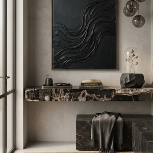 Black Abstract Wavy Textured Thick Impasto Wall Art Modern Dark 3D Brush Stroke Artwork Minimalist Monochrome Oil Painting for Living Room Bedroom Office Hallway Dining Room