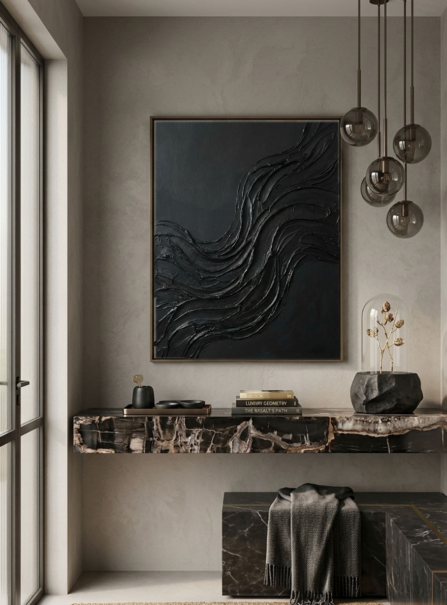 Black Abstract Wavy Textured Thick Impasto Wall Art Modern Dark 3D Brush Stroke Artwork Minimalist Monochrome Oil Painting for Living Room Bedroom Office Hallway Dining Room