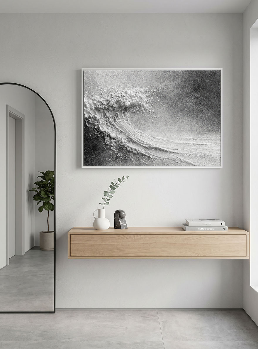 Black and White Textured Abstract Ocean Wave Impasto Wall Art Minimalist Modern Coastal Decor Frameless Option for Living Room Bedroom Office Hallway Dining Room