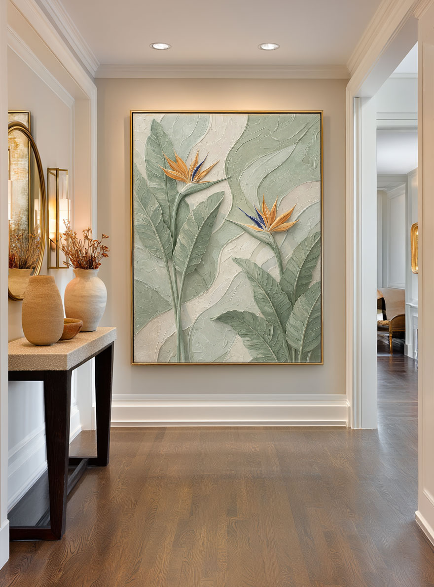 3D Bird of Paradise Flower Textured Plaster Wall Art, Tropical Green and Orange Relief Painting, Modern Nature Inspired Wall Decor for Living Room Bedroom Office Dining Hallway, Muted Neutral Base with Bold Tropical Accents