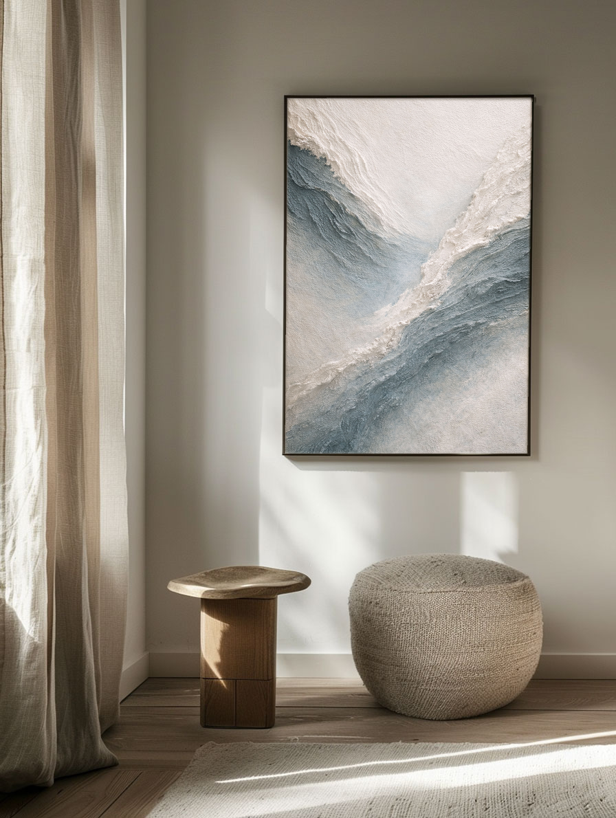 Minimalist Abstract Ocean Wave Textured Impasto Wall Art Blue White Beige Thick Knife Brush Strokes Painting Modern Decor for Home Office