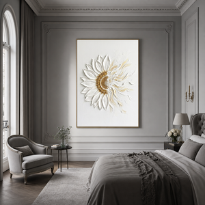 White and Gold Textured 3D Relief Flower Vertical Wall Art for Living Room or Bedroom
