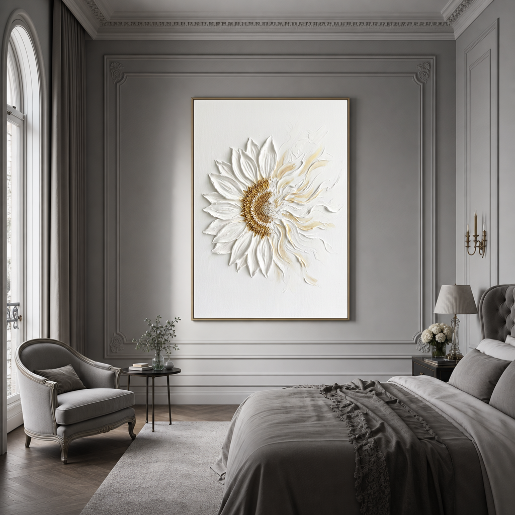 White and Gold Textured 3D Relief Flower Vertical Wall Art for Living Room or Bedroom