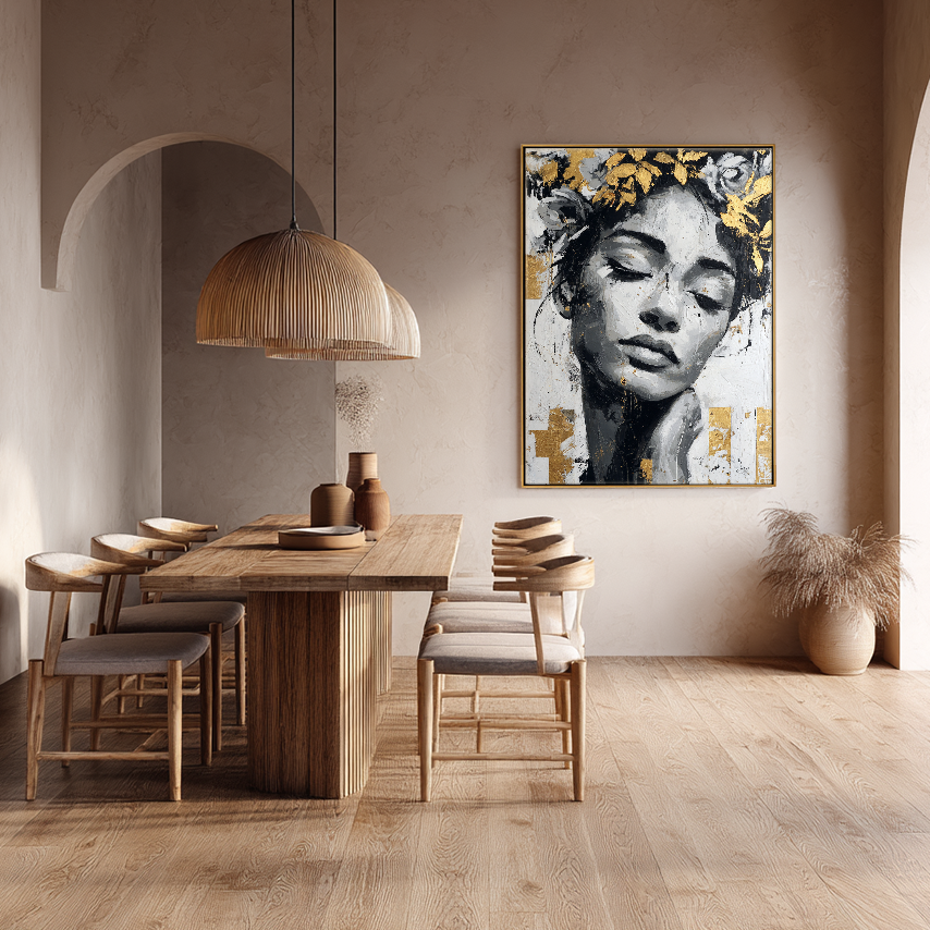 Black and White Gold Accent Textured Portrait Woman with Floral Crown Impasto Canvas Wall Art for Modern Living Room Bedroom Office Dining Hallway Decor