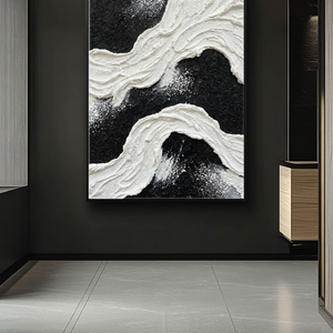 Black and White Abstract Textured Impasto Wave Wall Art Modern Minimalist Thick Paint Stacking Bold Contrast Non-Representational Canvas Artwork for Living Room Bedroom Office Home Decor