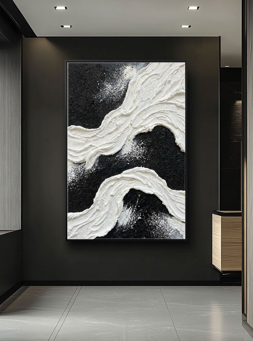 Black and White Abstract Textured Impasto Wave Wall Art Modern Minimalist Thick Paint Stacking Bold Contrast Non-Representational Canvas Artwork for Living Room Bedroom Office Home Decor