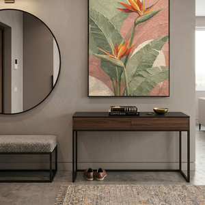 Tropical Bird of Paradise Flower Textured Wall Art, Soft Pink Green White Curved Background Modern Minimalist Botanical Canvas Print, Vibrant Orange Accent Framed Plant Painting for Home Decor