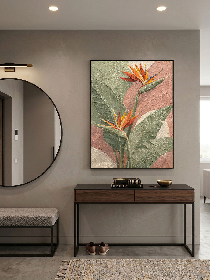 Tropical Bird of Paradise Flower Textured Wall Art, Soft Pink Green White Curved Background Modern Minimalist Botanical Canvas Print, Vibrant Orange Accent Framed Plant Painting for Home Decor