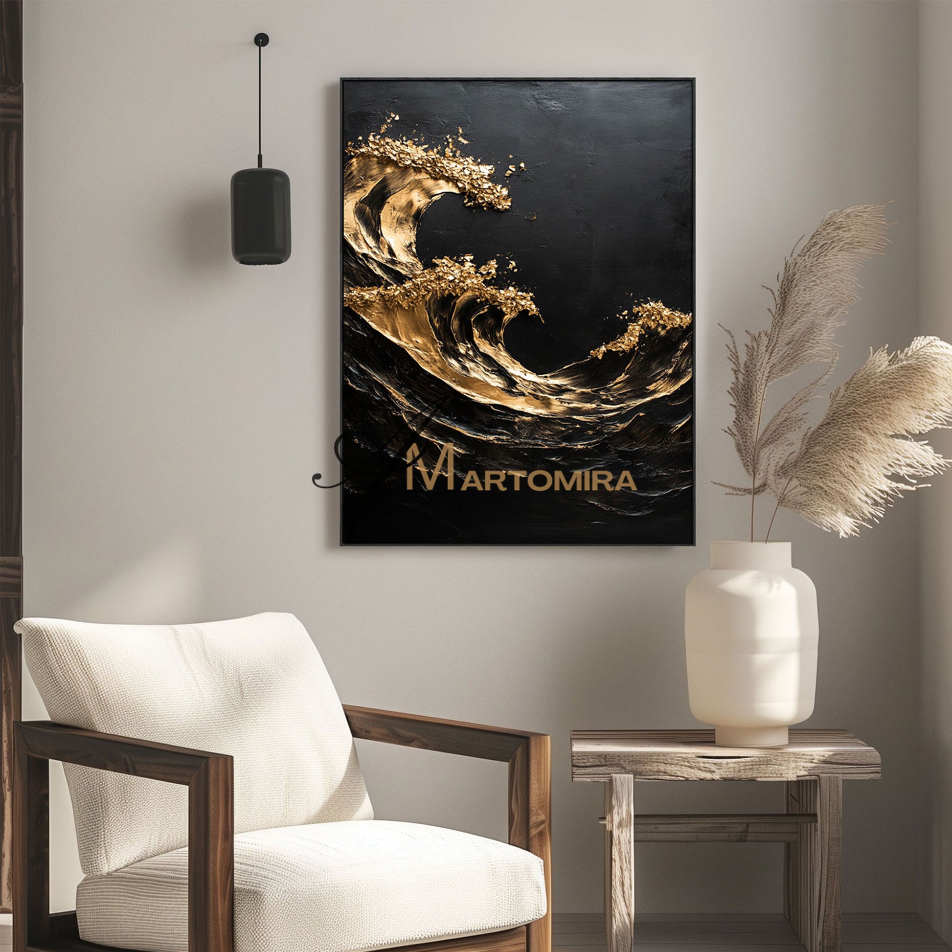 Black Textured Art | Black And Gold Wall Art | Abstract Paintings Of Waves | Large Abstract Wall Art #POS055