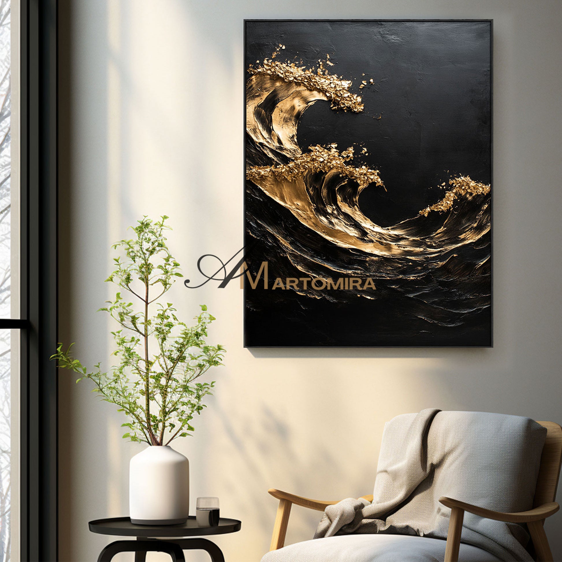 Black Textured Art | Black And Gold Wall Art | Abstract Paintings Of Waves | Large Abstract Wall Art #POS055