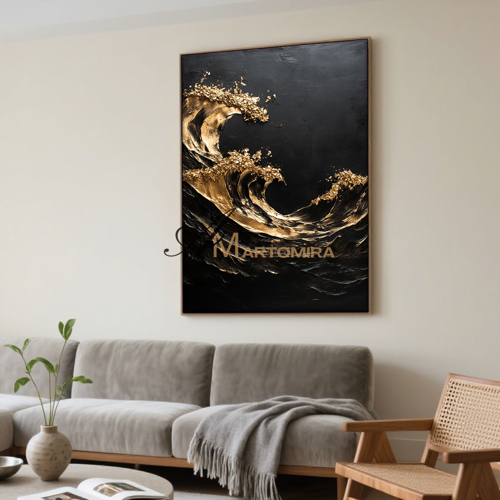 Black Textured Art | Black And Gold Wall Art | Abstract Paintings Of Waves | Large Abstract Wall Art #POS055