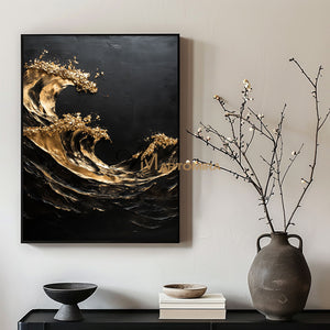 Black Textured Art | Black And Gold Wall Art | Abstract Paintings Of Waves | Large Abstract Wall Art #POS055