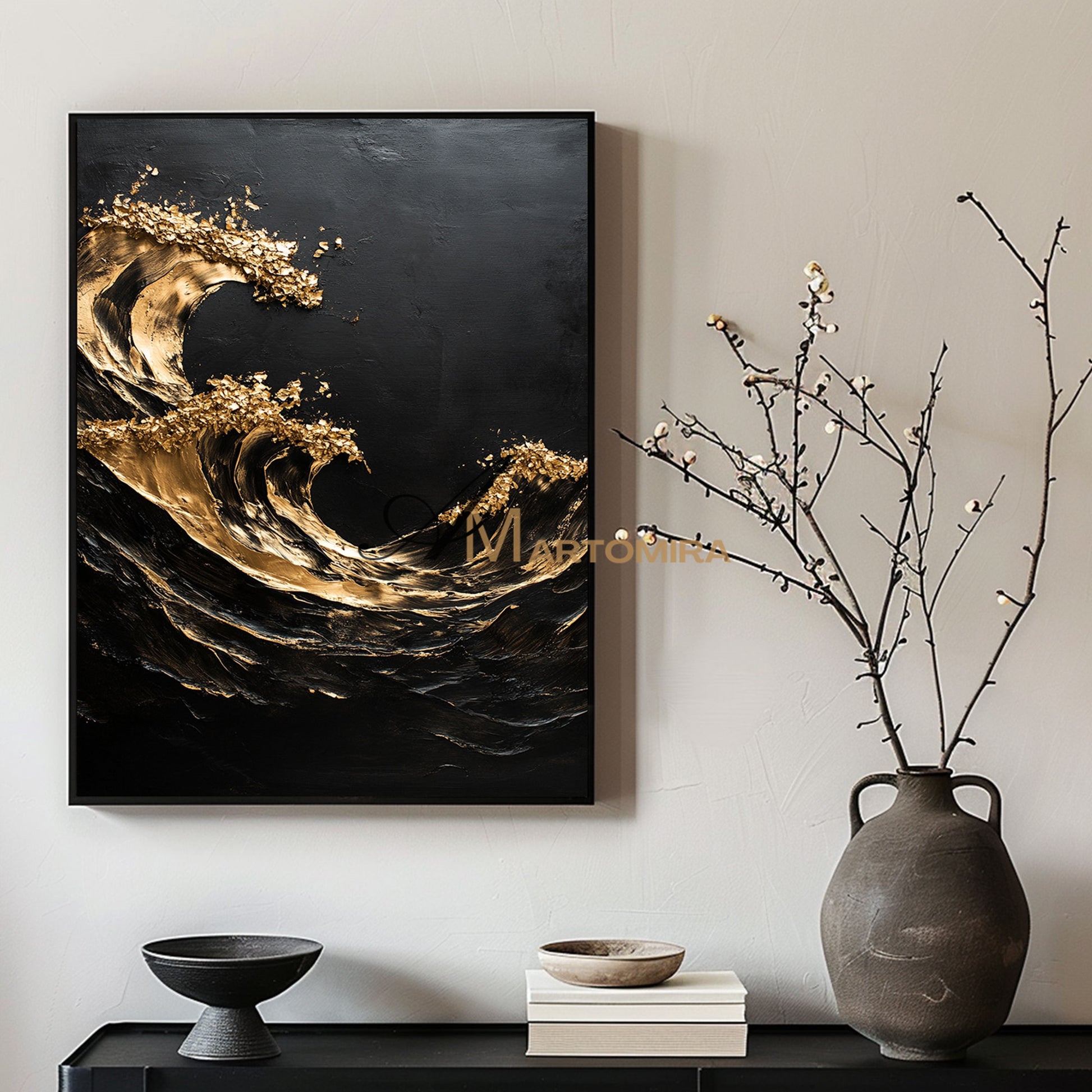 Black Textured Art | Black And Gold Wall Art | Abstract Paintings Of Waves | Large Abstract Wall Art #POS055
