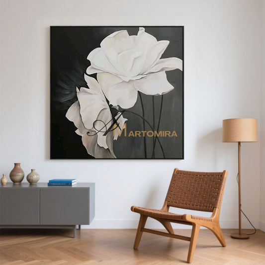Flower Wall Art | White Flower Painting | Large Floral Canvas Wall Art | Modern Art #MF050