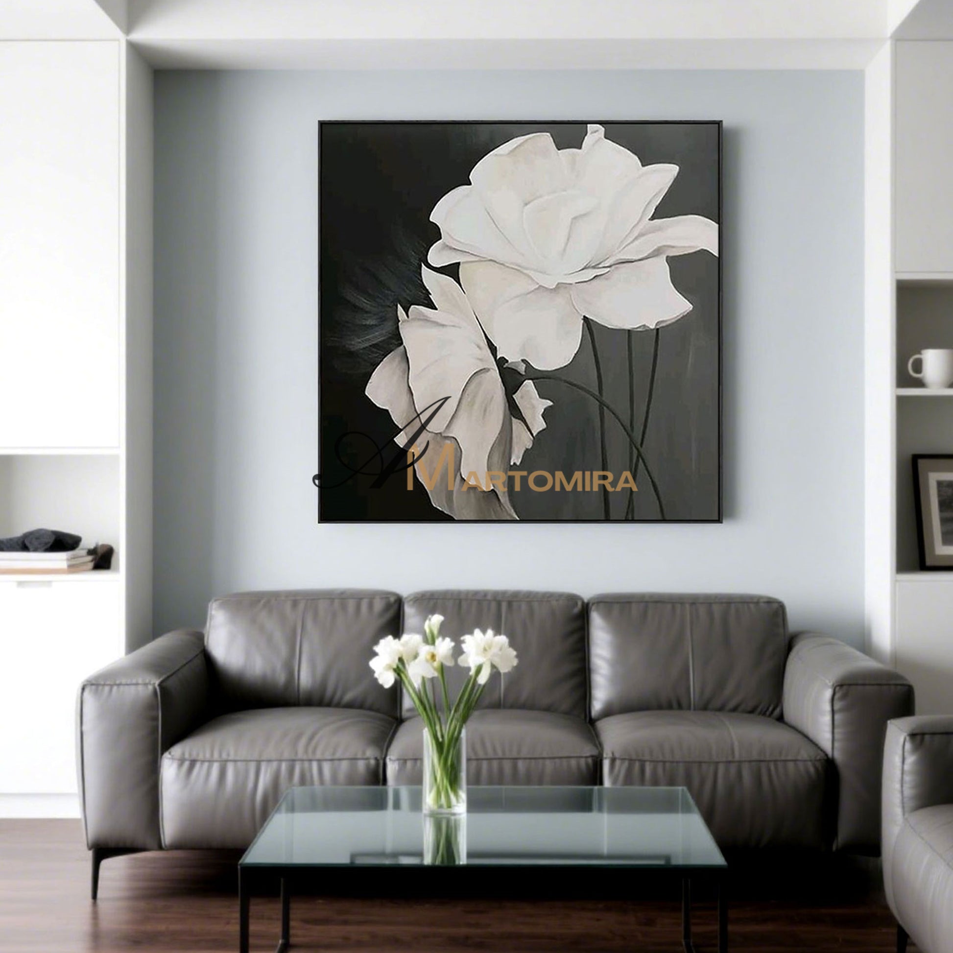Flower Wall Art | White Flower Painting | Large Floral Canvas Wall Art | Modern Art #MF050