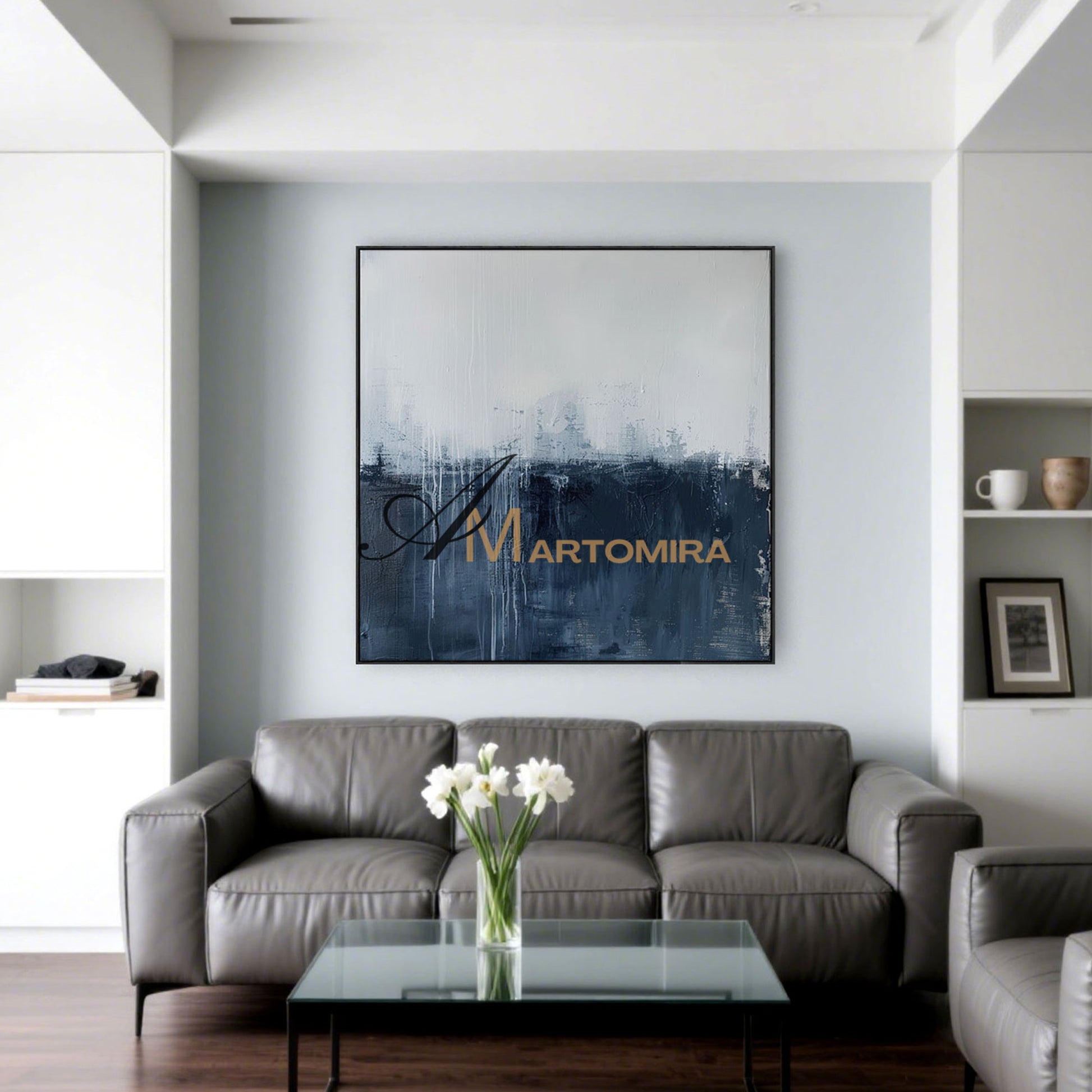 Abstract Wall Art | Blue White Abstract Painting | Minimalist Abstract Wall Art | Large Canvas Wall Art #AH152