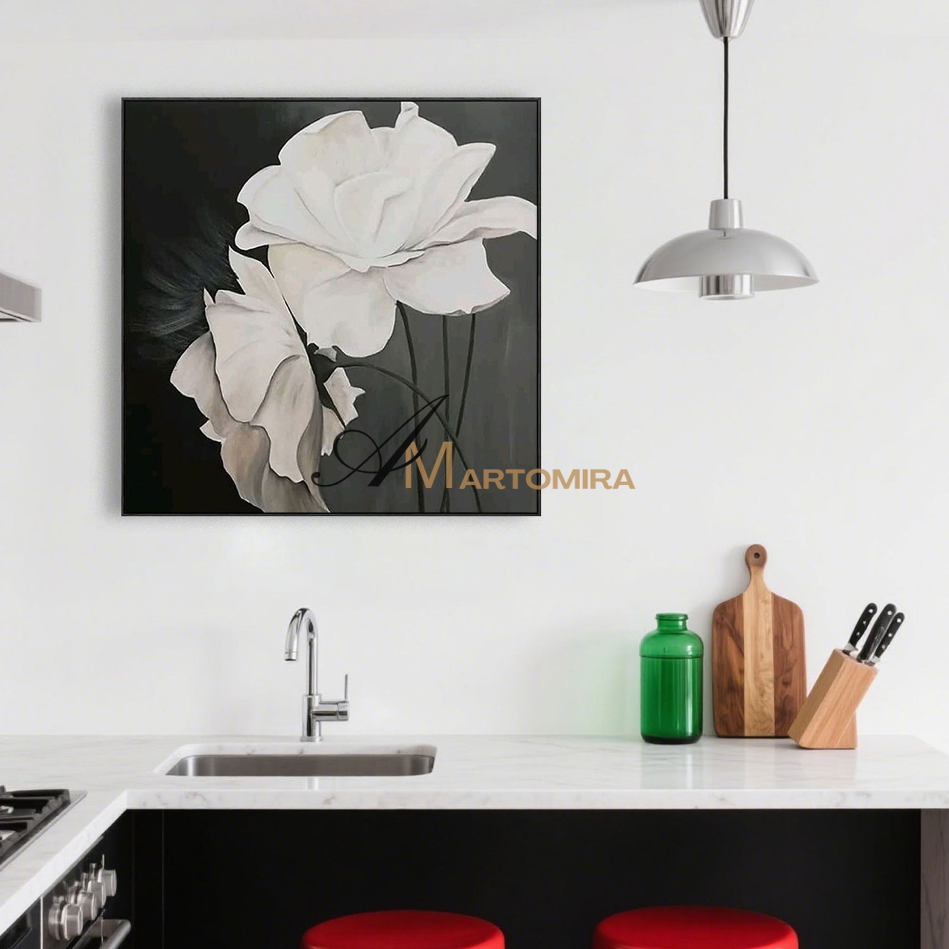 Flower Wall Art | White Flower Painting | Large Floral Canvas Wall Art | Modern Art #MF050