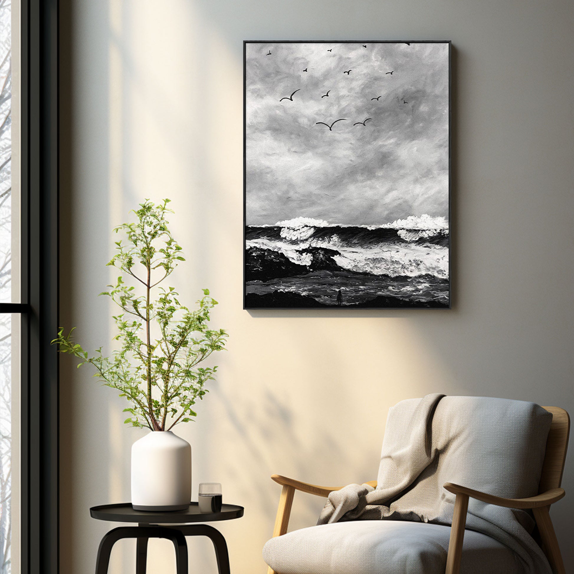 The Wave Painting | Beach Paintings On Canvas | Large Landscape Wall Art | Black And White Wall Art #MF51