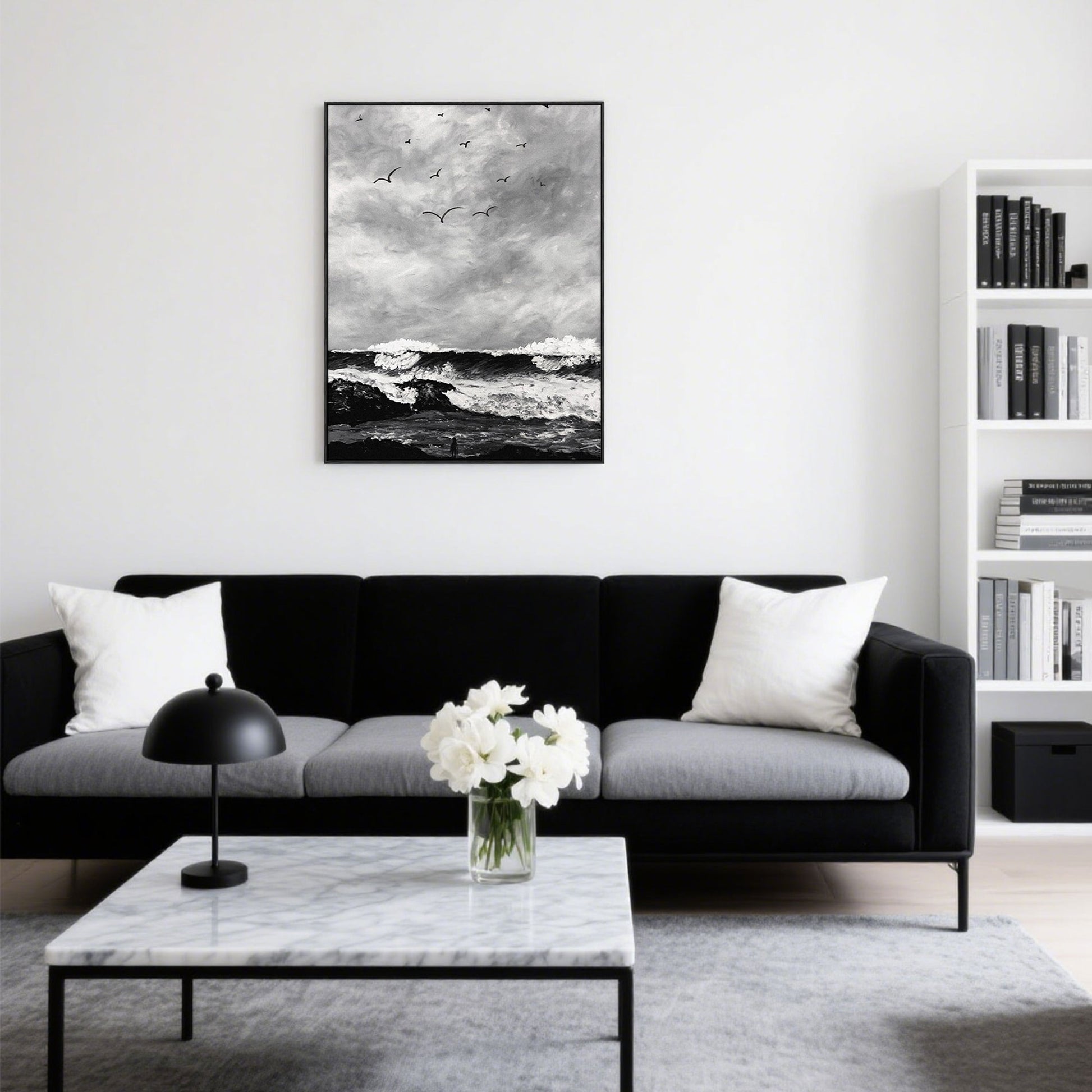 The Wave Painting | Beach Paintings On Canvas | Large Landscape Wall Art | Black And White Wall Art #MF51
