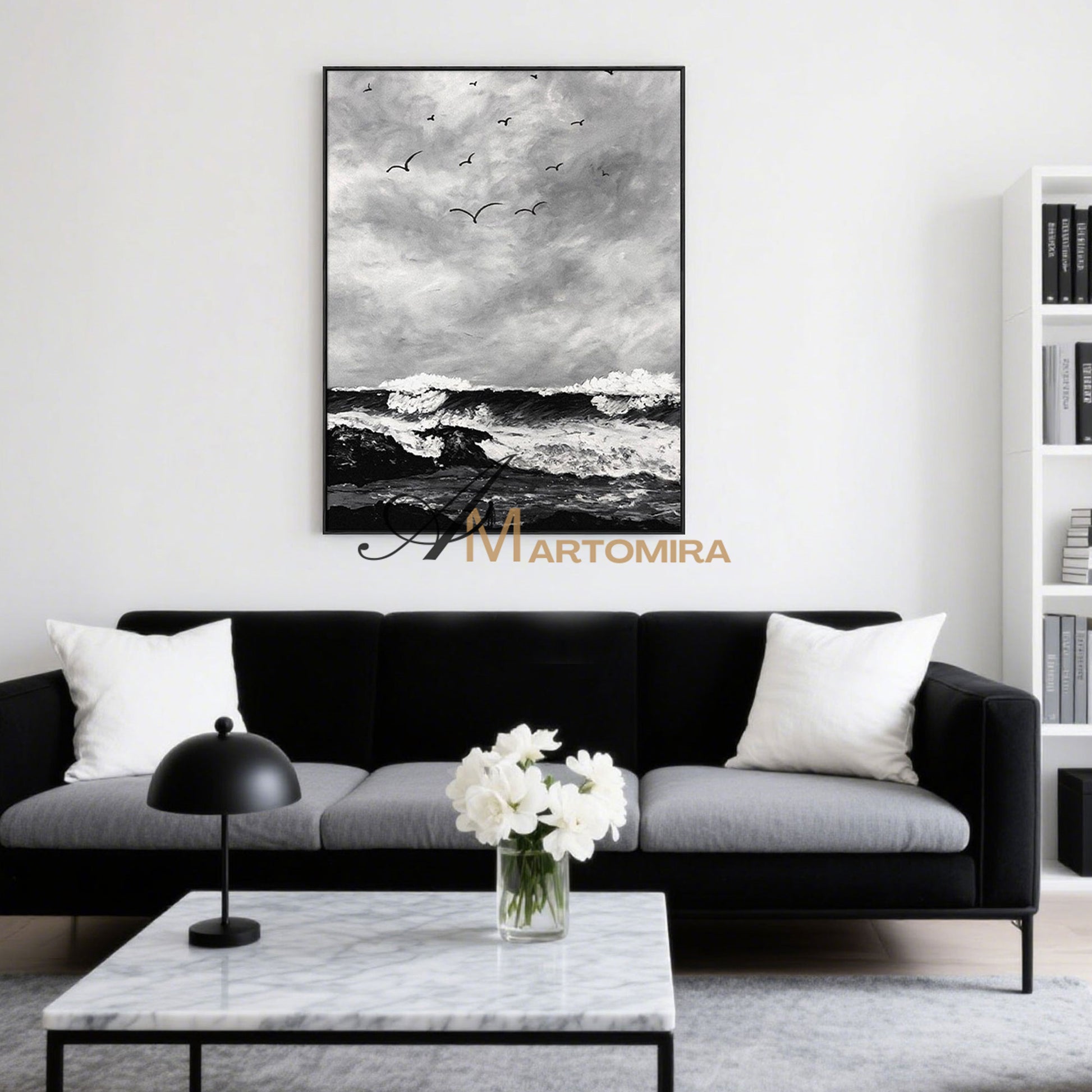 The Wave Painting | Beach Paintings On Canvas | Large Landscape Wall Art | Black And White Wall Art #MF51