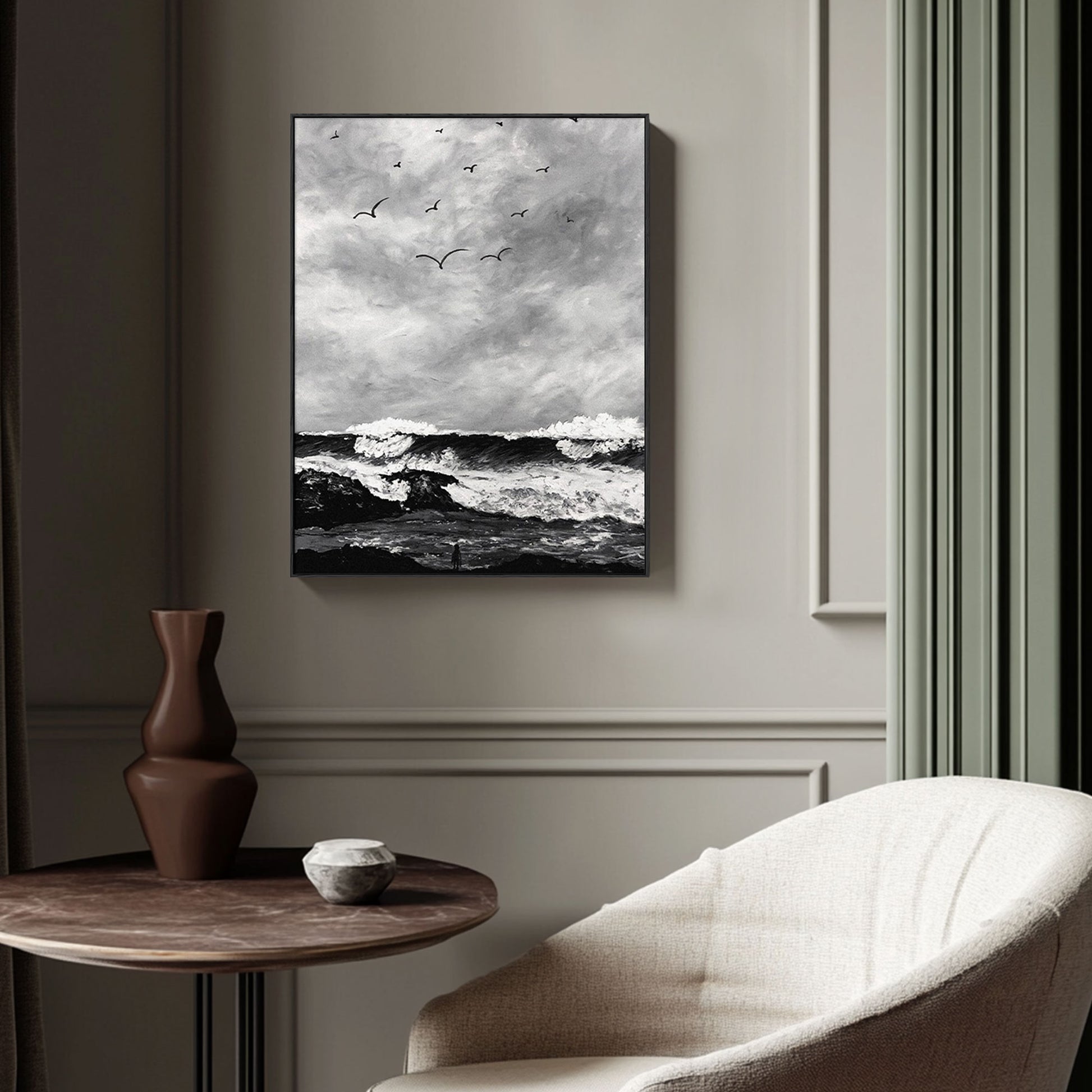 The Wave Painting | Beach Paintings On Canvas | Large Landscape Wall Art | Black And White Wall Art #MF51