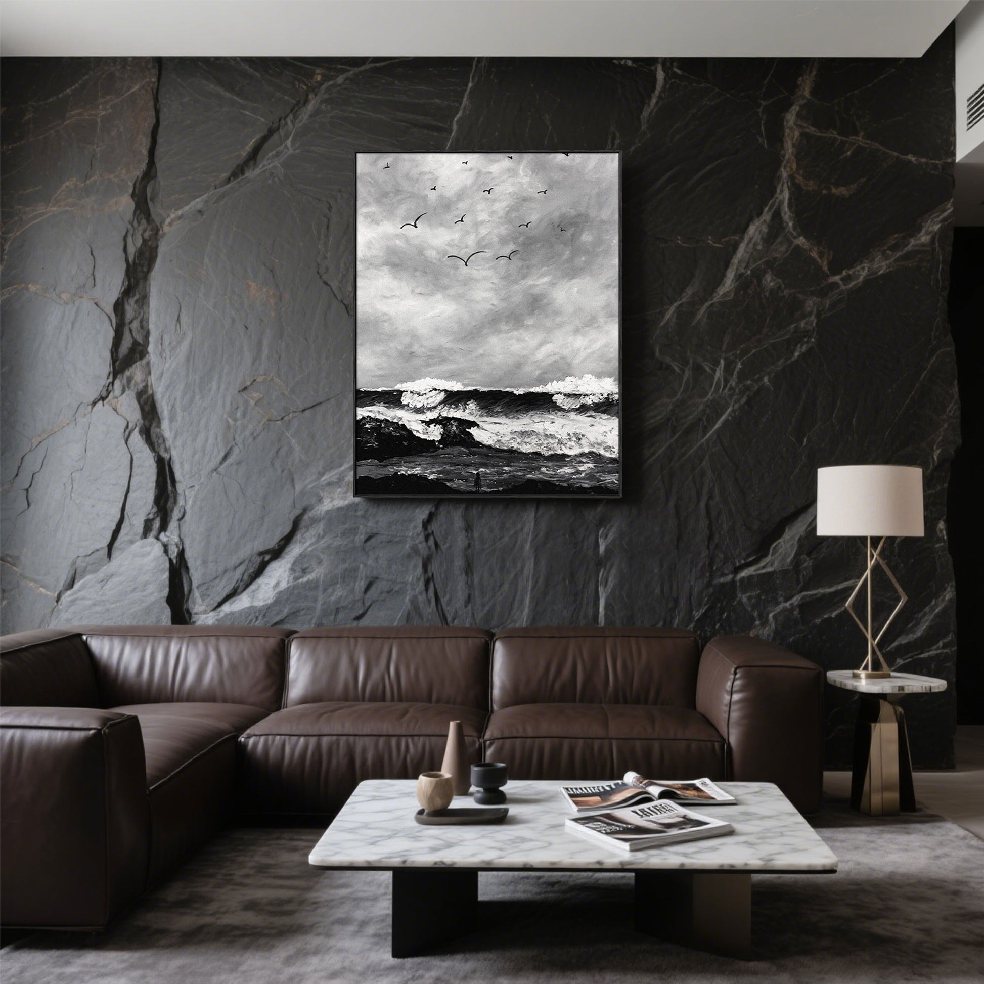 The Wave Painting | Beach Paintings On Canvas | Large Landscape Wall Art | Black And White Wall Art #MF51