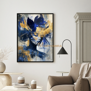 Portrait Painting | Blue And Gold Wall Art | Abstract Woman Painting | Living Room Painting #AP036