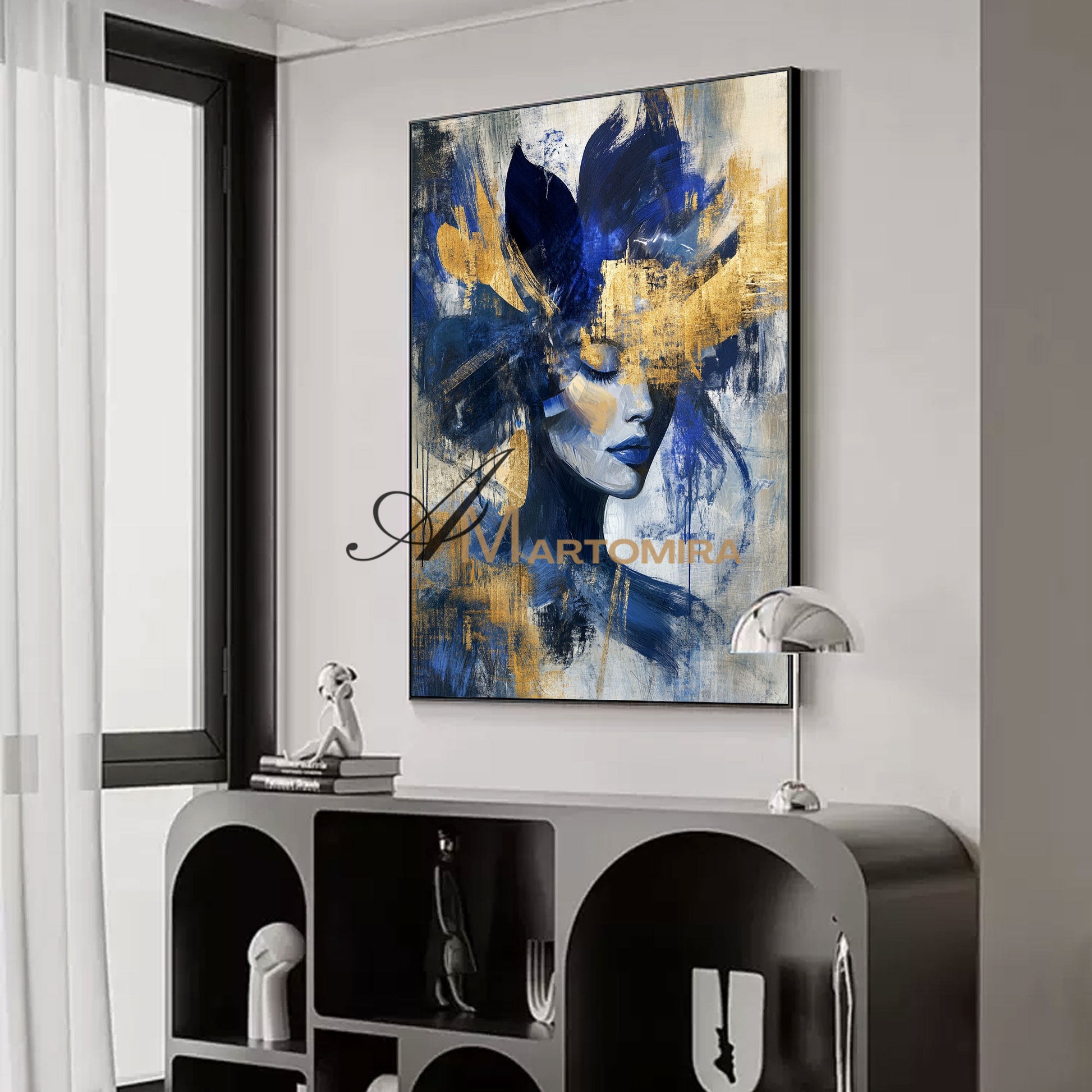 Portrait Painting | Blue And Gold Wall Art | Abstract Woman Painting | Living Room Painting #AP036