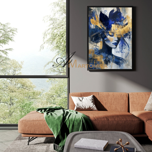 Portrait Painting | Blue And Gold Wall Art | Abstract Woman Painting | Living Room Painting #AP036