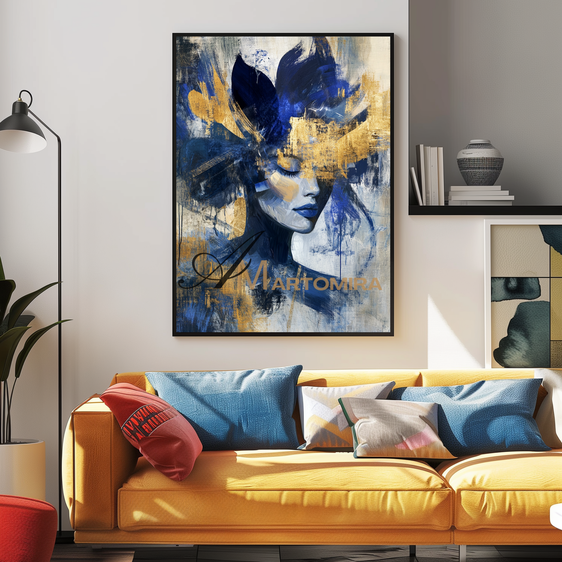 Portrait Painting | Blue And Gold Wall Art | Abstract Woman Painting | Living Room Painting #AP036