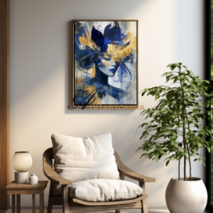Portrait Painting | Blue And Gold Wall Art | Abstract Woman Painting | Living Room Painting #AP036