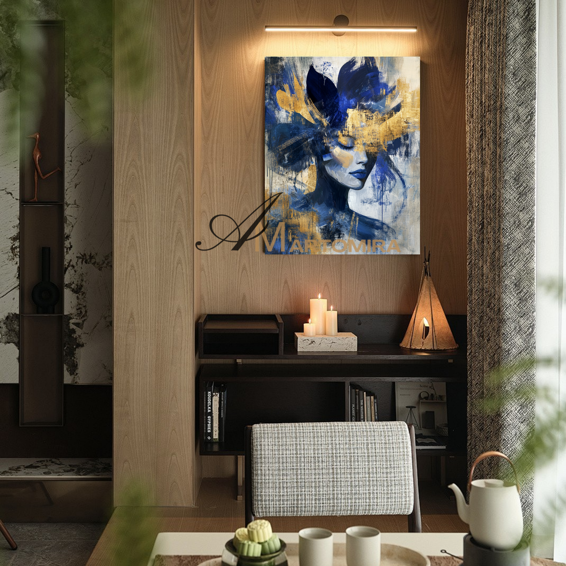 Portrait Painting | Blue And Gold Wall Art | Abstract Woman Painting | Living Room Painting #AP036
