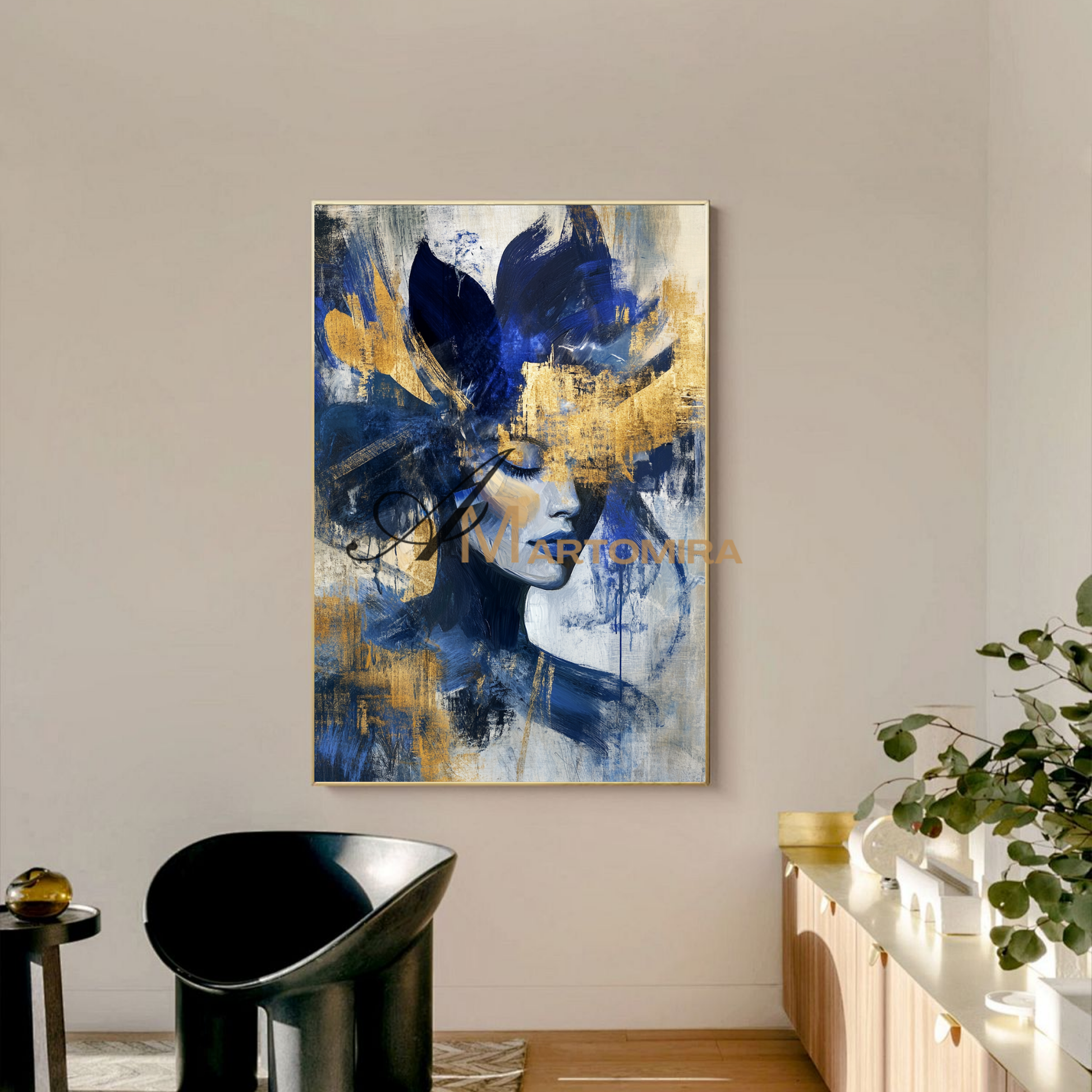 Portrait Painting | Blue And Gold Wall Art | Abstract Woman Painting | Living Room Painting #AP036
