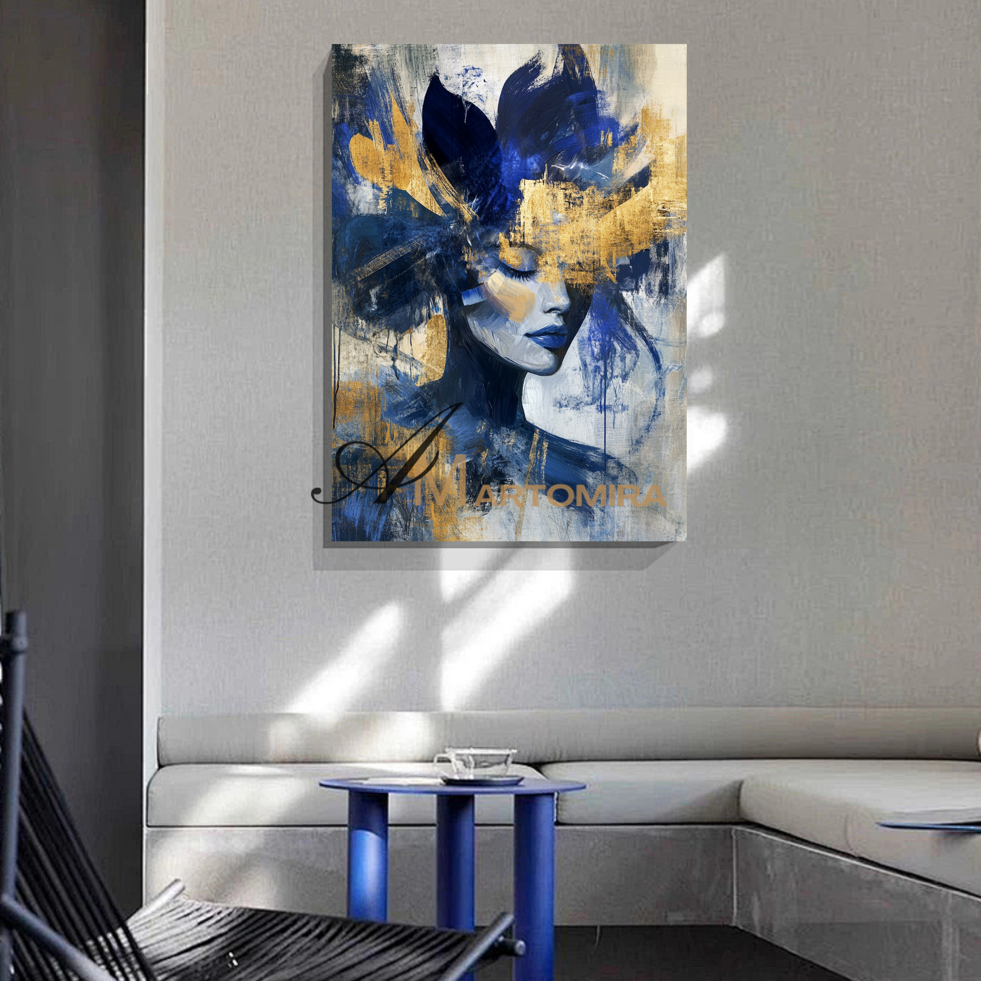 Portrait Painting | Blue And Gold Wall Art | Abstract Woman Painting | Living Room Painting #AP036