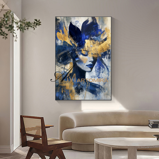 Portrait Painting | Blue And Gold Wall Art | Abstract Woman Painting | Living Room Painting #AP036