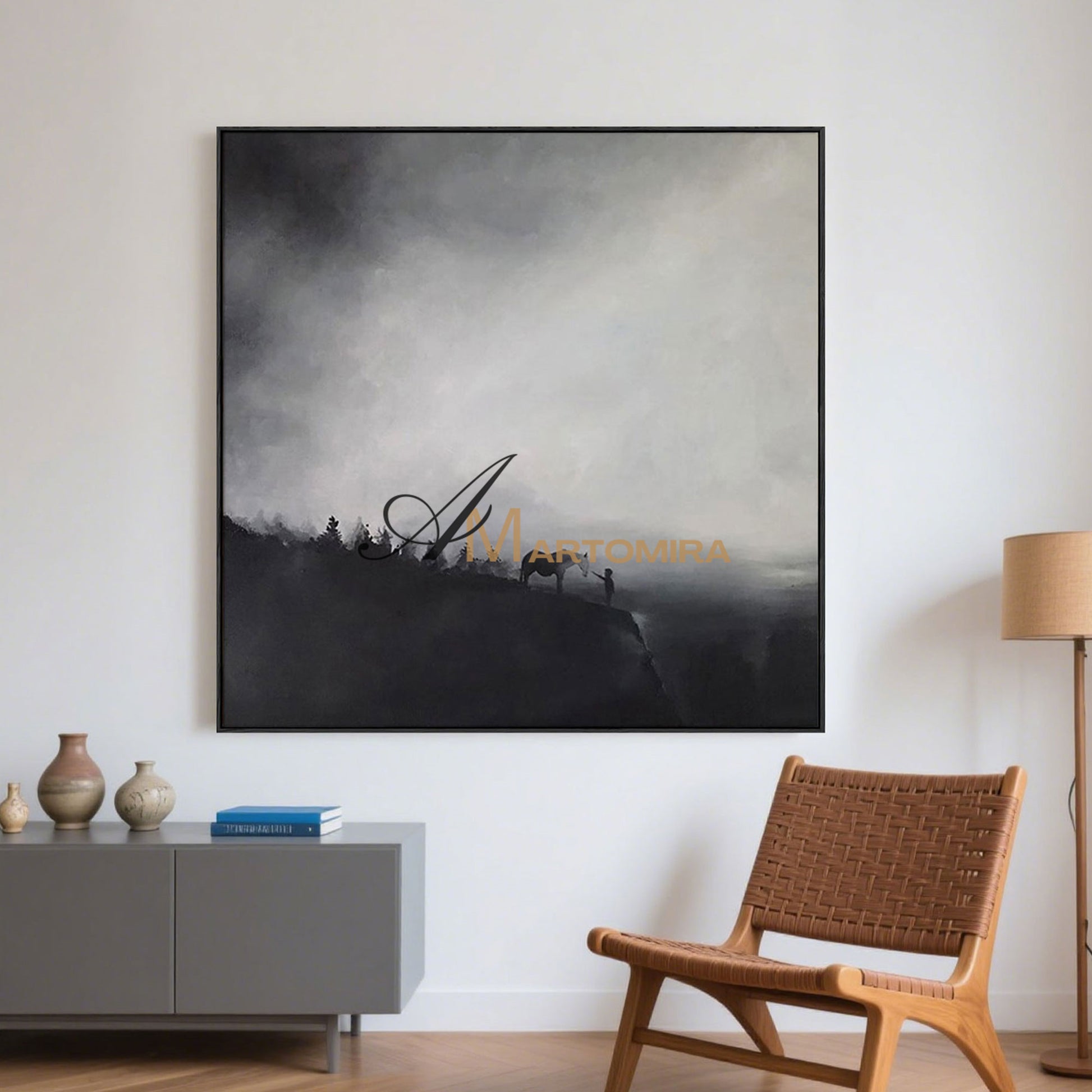 Landscape Wall Art | Horse Paintings On Canvas | Black And White Landscape Painting | Modern Art #MF058