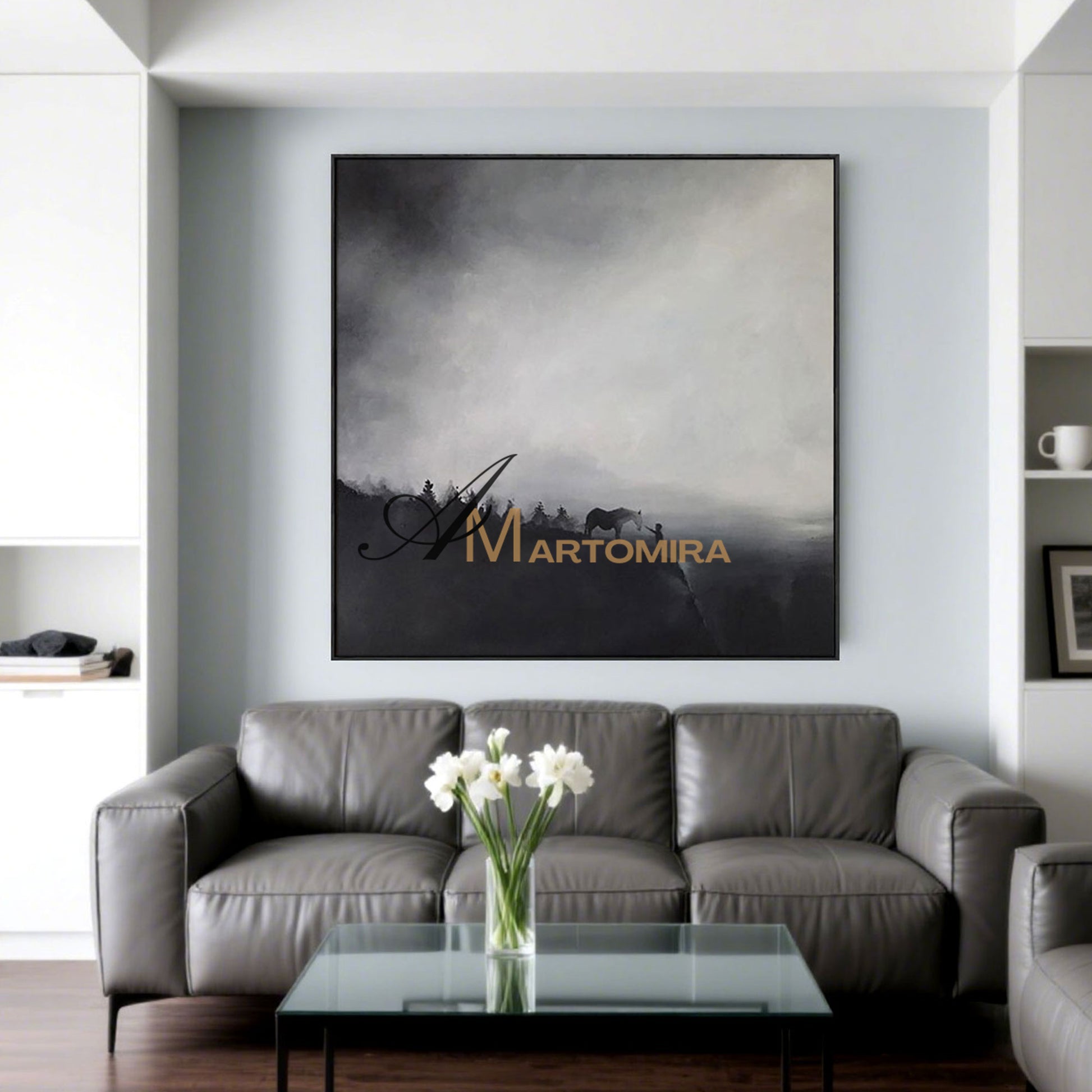 Landscape Wall Art | Horse Paintings On Canvas | Black And White Landscape Painting | Modern Art #MF058