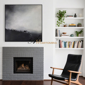 Landscape Wall Art | Horse Paintings On Canvas | Black And White Landscape Painting | Modern Art #MF058