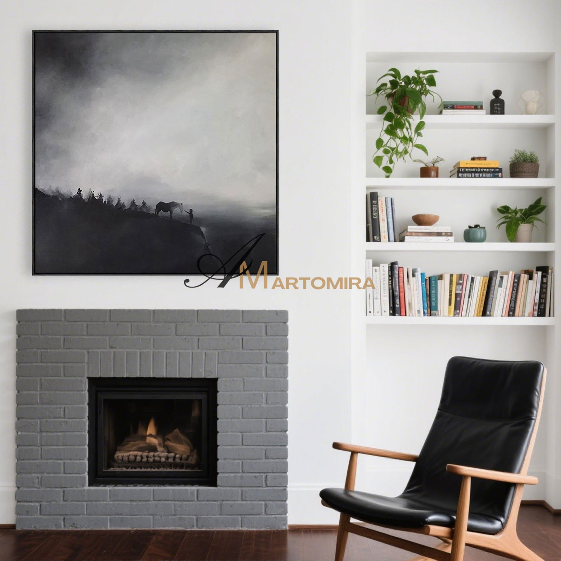 Landscape Wall Art | Horse Paintings On Canvas | Black And White Landscape Painting | Modern Art #MF058