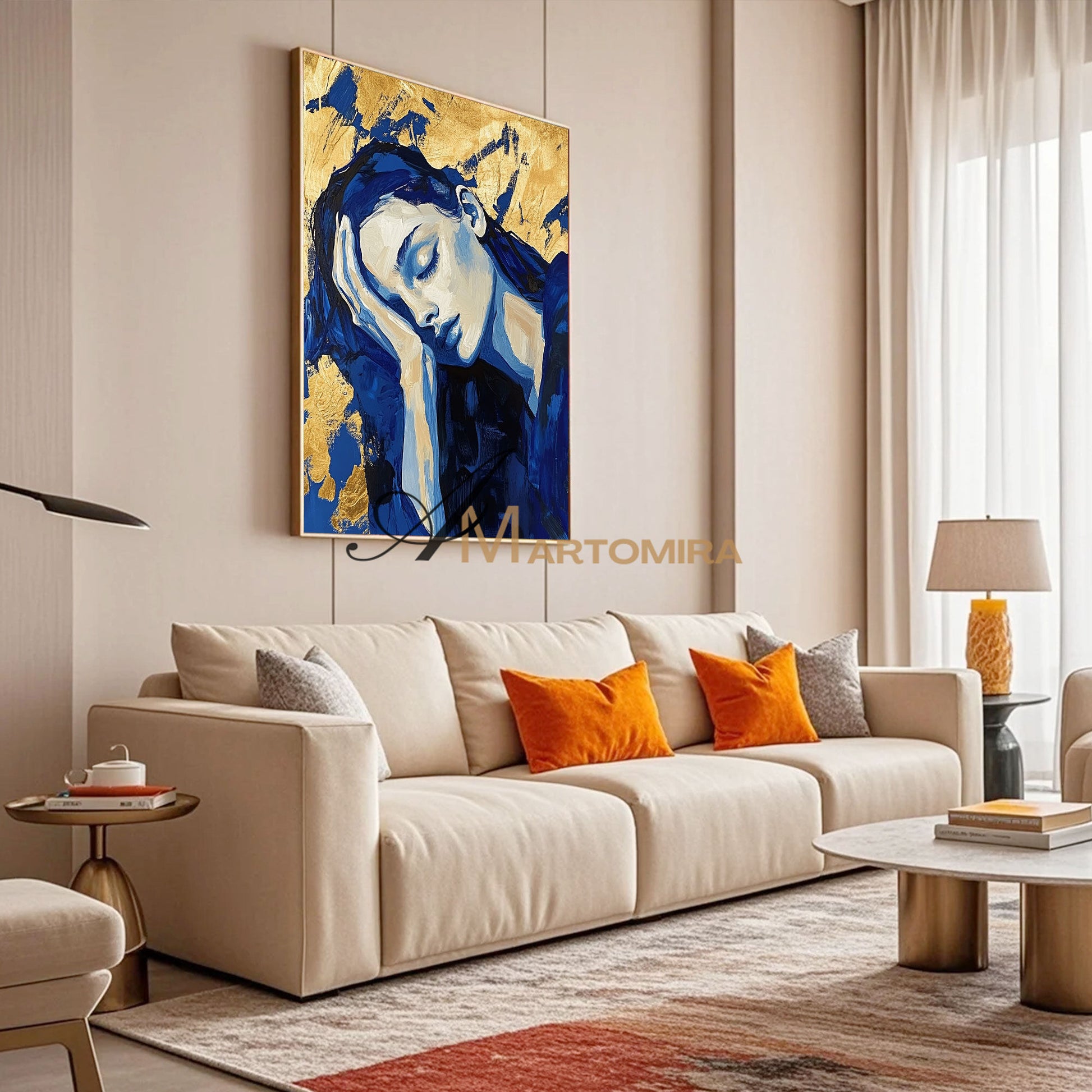 Blue And Gold Wall Art | Art Portraits | Acrylic Paint | Large Canvas Wall Art #AP038