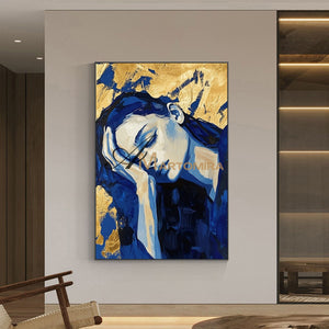 Blue And Gold Wall Art | Art Portraits | Acrylic Paint | Large Canvas Wall Art #AP038