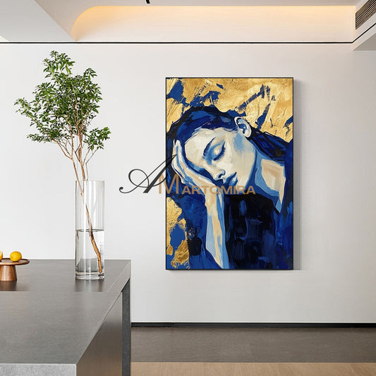Blue And Gold Wall Art | Art Portraits | Acrylic Paint | Large Canvas Wall Art #AP038