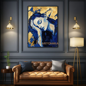 Blue And Gold Wall Art | Art Portraits | Acrylic Paint | Large Canvas Wall Art #AP038