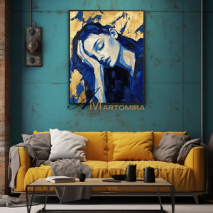 Blue And Gold Wall Art | Art Portraits | Acrylic Paint | Large Canvas Wall Art #AP038